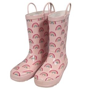 HB Girls Size 2 Rubber Rain Boots Pull On Rainbow Print Whimsical Kawaii Kidcore